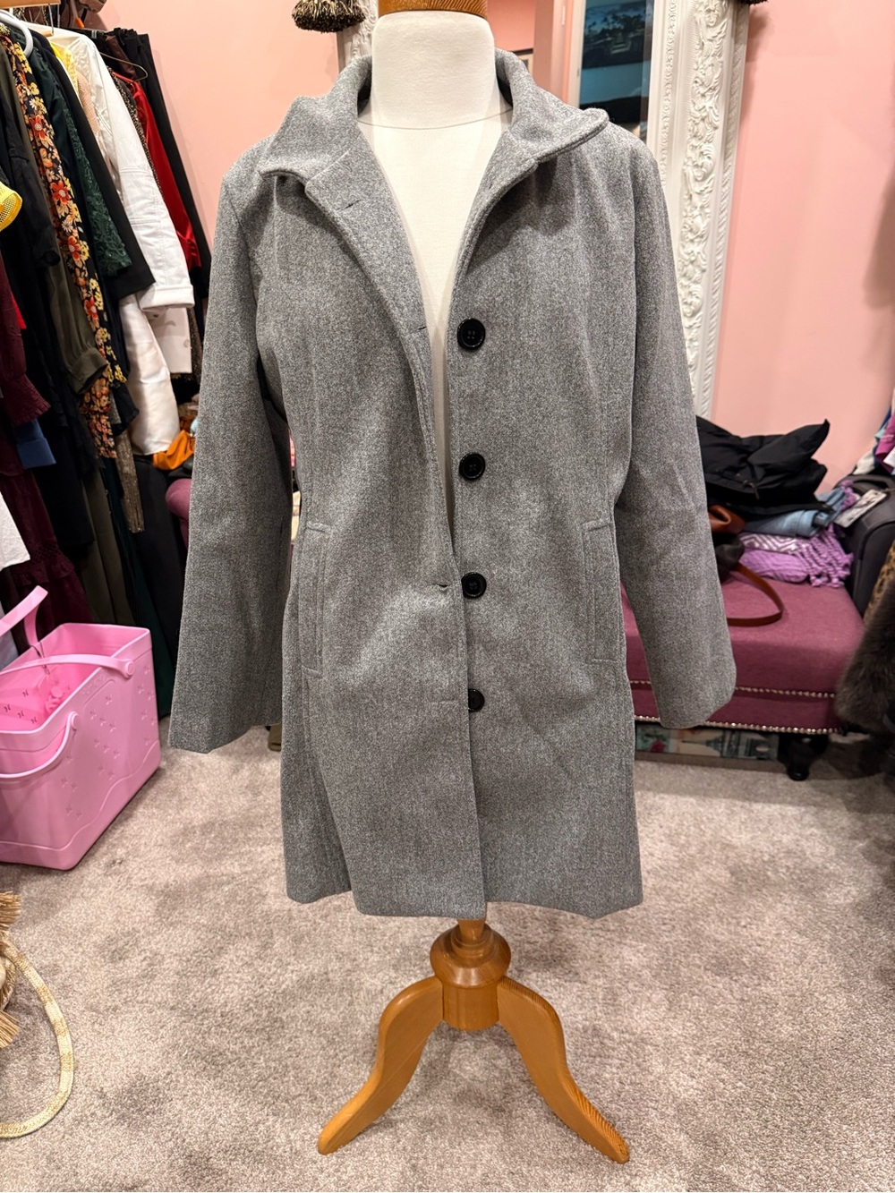 Women’s Gray Button-Front Wool-Blend Coat